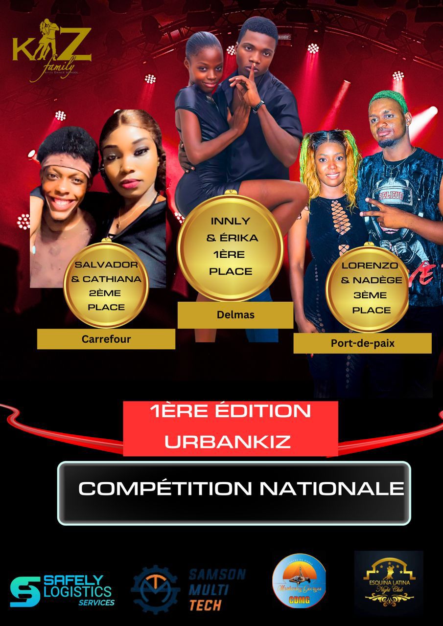 KizFamily gen lonè pou l prezante nou 3 koup ganyan Konpetisyon Nasyonal Urban Kiz, ki te rive fèt samdi 16 dawout 2025, nan Esquina Latina. Felisitasyon ak koup sa yo! Chapo devan koup Erika ak Innly ki ranpòte premye pri a. Nou ap felisite tout 13 koup ki te reprezanye divès komin nan peyi. Koup sa yo se temwanyaj vivan PASYON, TALAN, LANMOU ak SAKRIFIS. Randevou kase pou lòt ane pou yon pi bèl edisyon. Chapo pou nou tout!